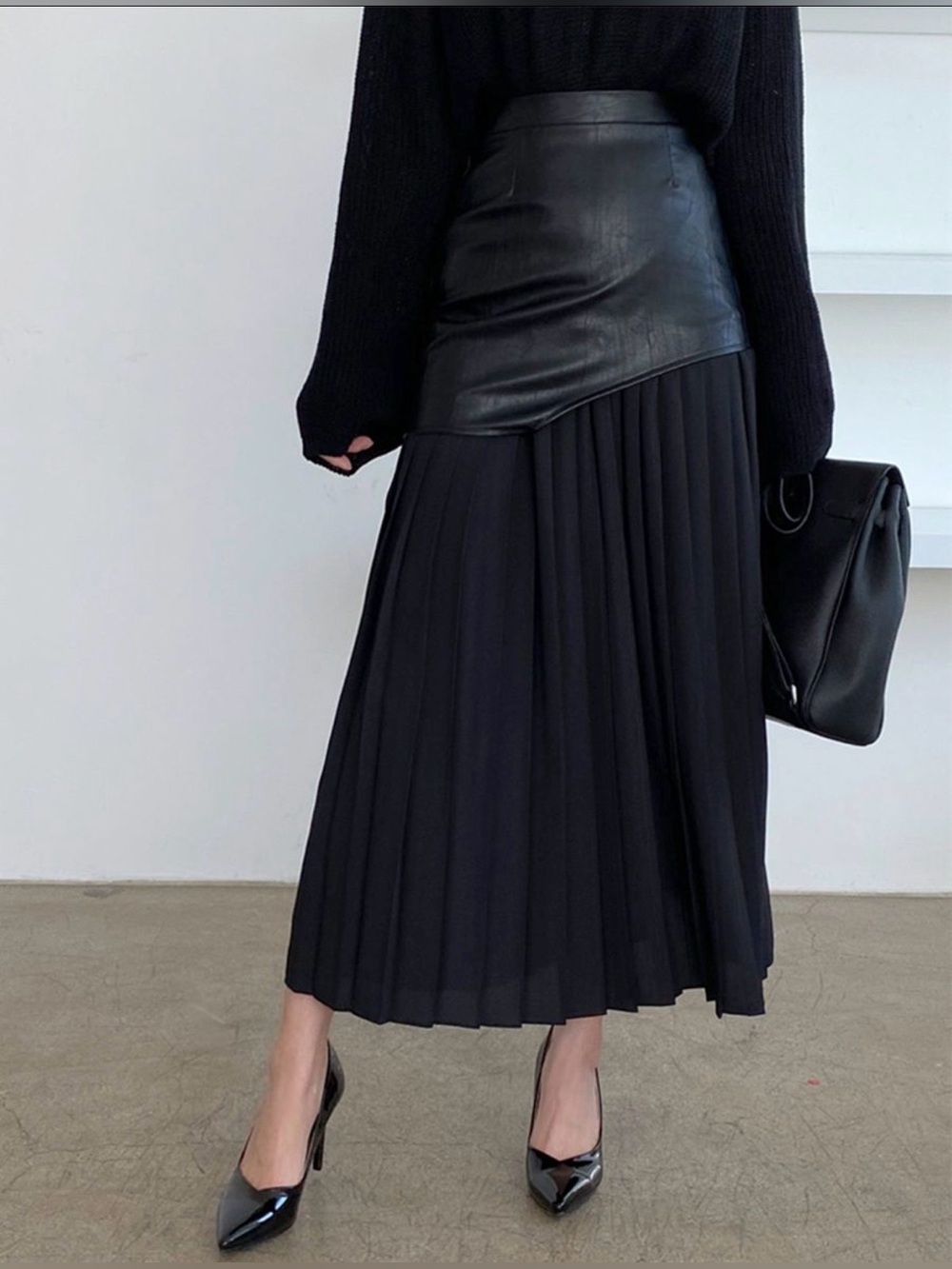 Commense Black Pleated Maxi Skirt with Faux Leather Asymmetrical Waist